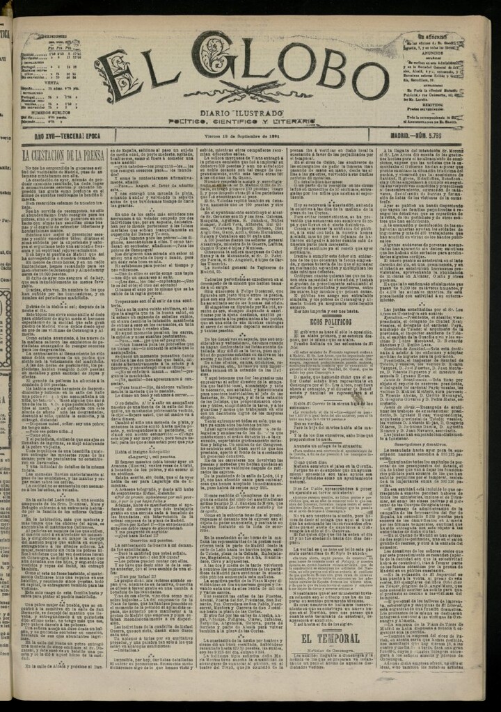 Miniatura de El Globo : diario ilustrado del 18 de septiembre de 1891, nº 5796