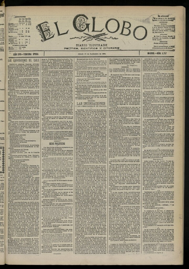 Miniatura de El Globo : diario ilustrado del 19 de septiembre de 1891, nº 5797