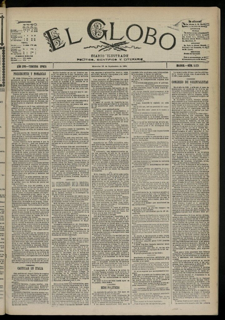 Miniatura de El Globo : diario ilustrado del 23 de septiembre de 1891, nº 5801