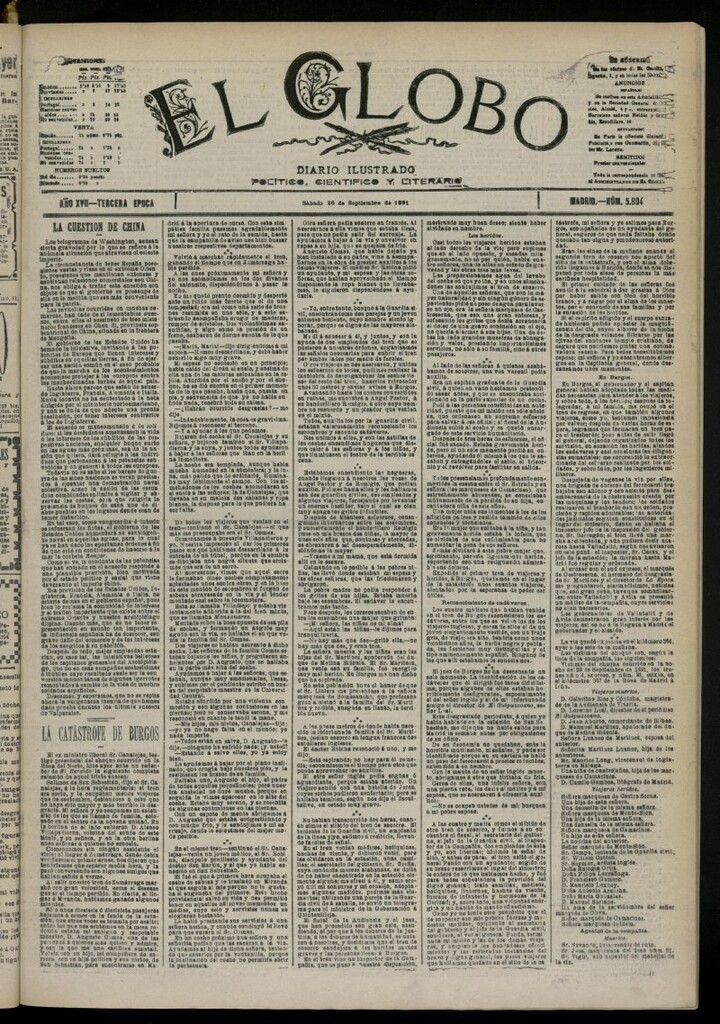 Miniatura de El Globo : diario ilustrado del 26 de septiembre de 1891, nº 5804
