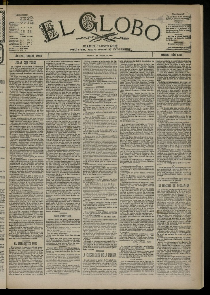Miniatura de El Globo : diario ilustrado del 1 de octubre de 1891, nº 5809