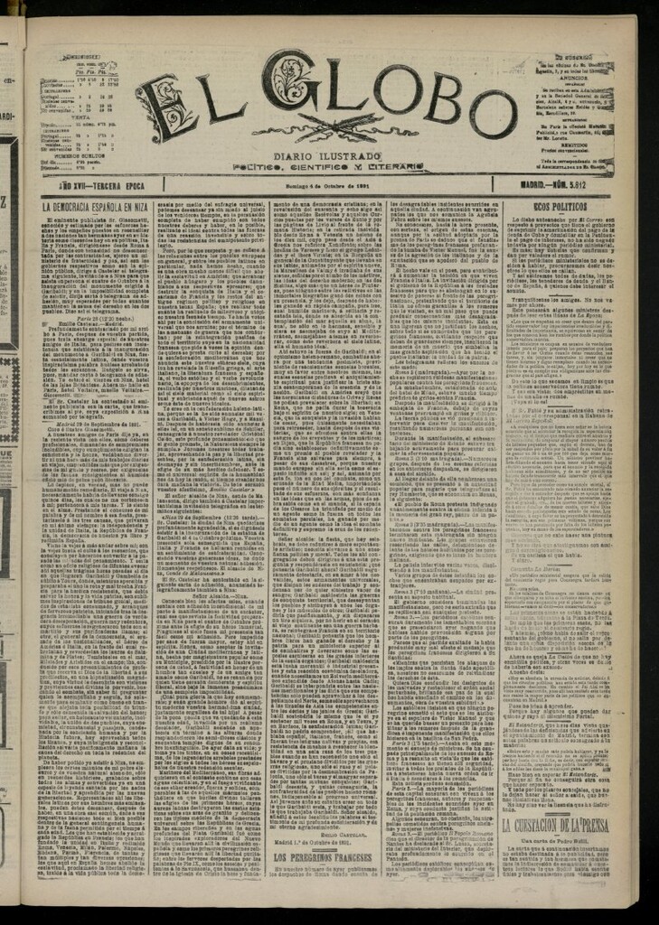Miniatura de El Globo : diario ilustrado del 4 de octubre de 1891, nº 5812