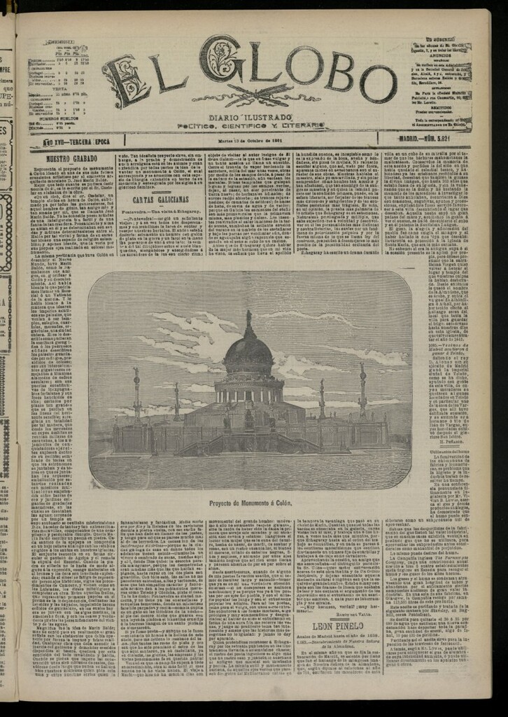 Miniatura de El Globo : diario ilustrado del 13 de octubre de 1891, nº 5821