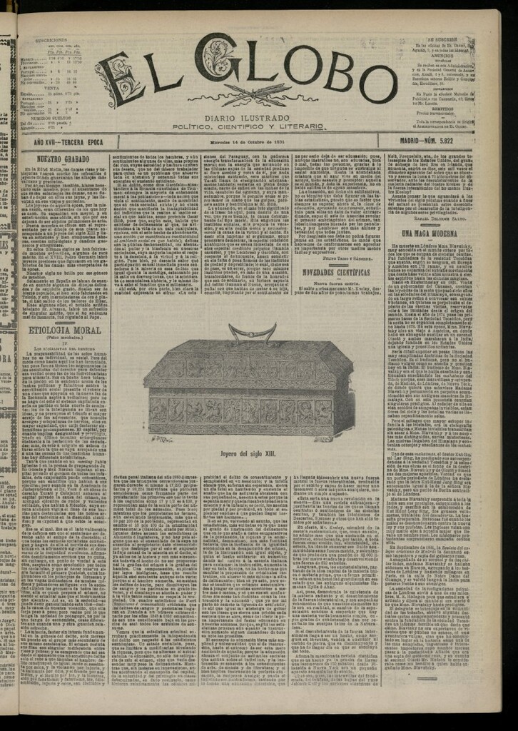 Miniatura de El Globo : diario ilustrado del 14 de octubre de 1891, nº 5822