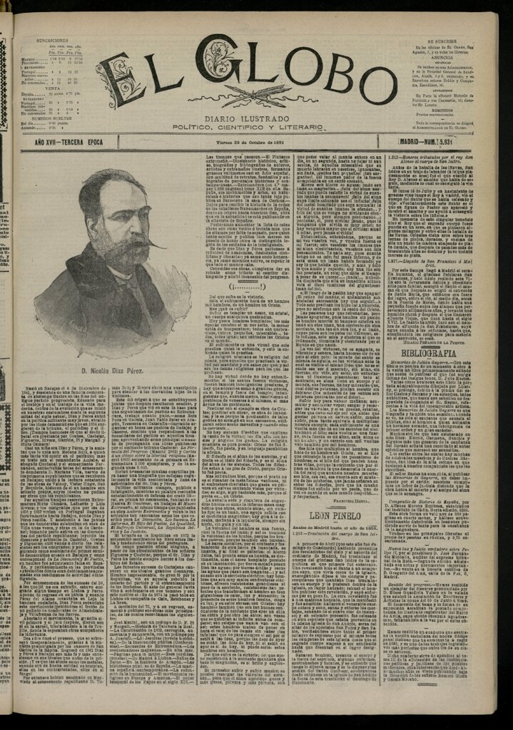 Miniatura de El Globo : diario ilustrado del 23 de octubre de 1891, nº 5831