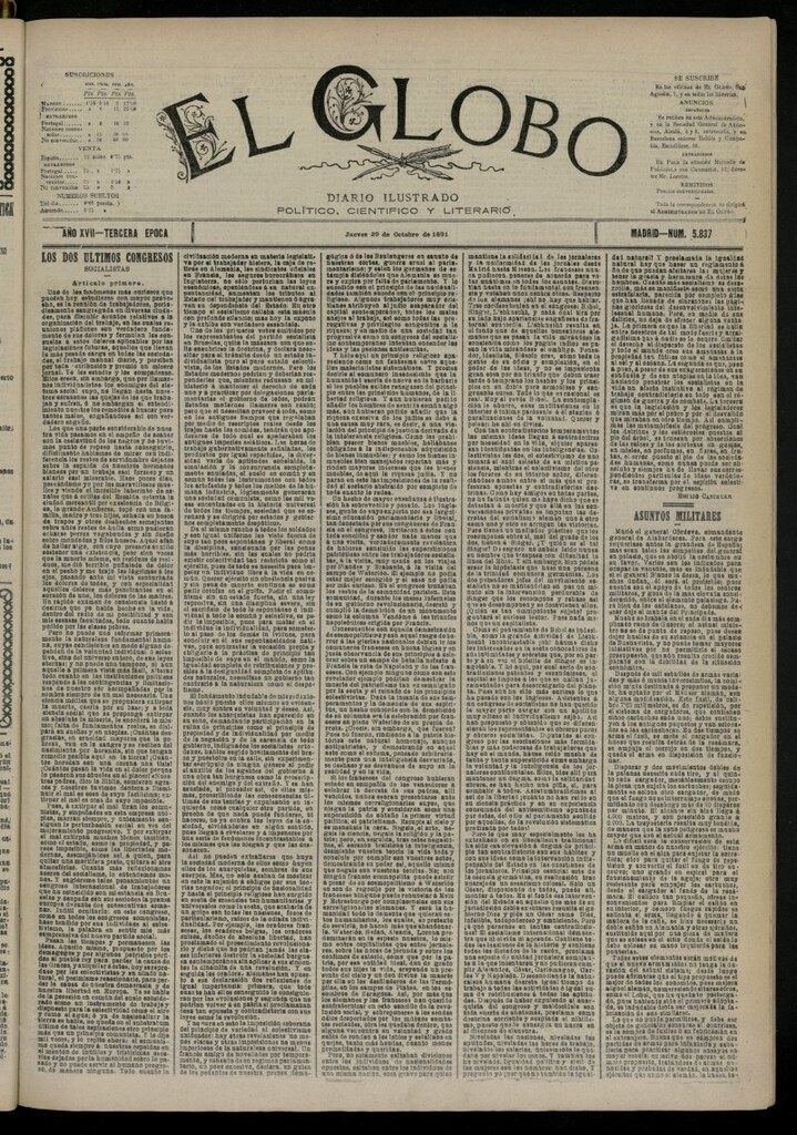 Miniatura de El Globo : diario ilustrado del 29 de octubre de 1891, nº 5837
