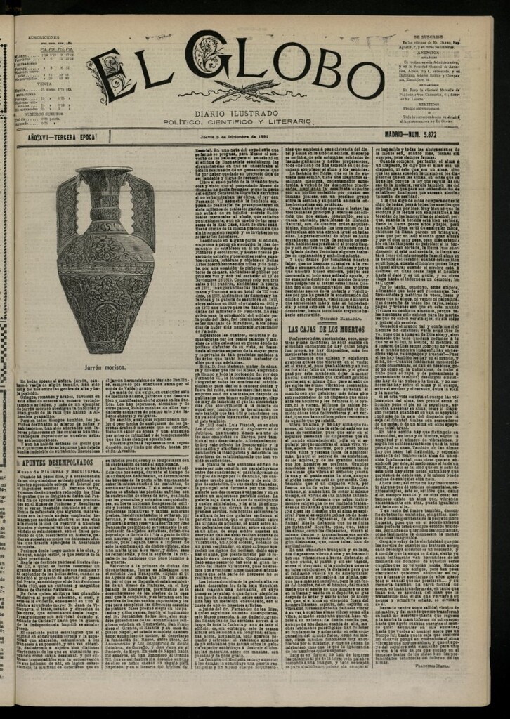 Miniatura de El Globo : diario ilustrado del 3 de diciembre de 1891, nº 5872