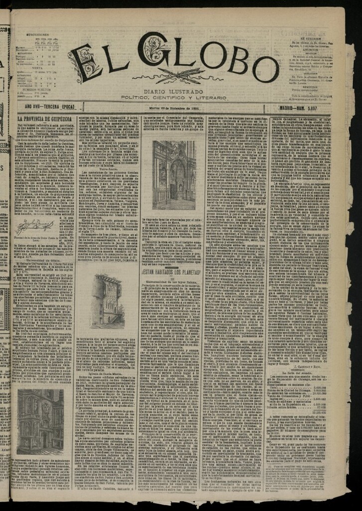 Miniatura de El Globo : diario ilustrado del 29 de diciembre de 1891, nº 5897