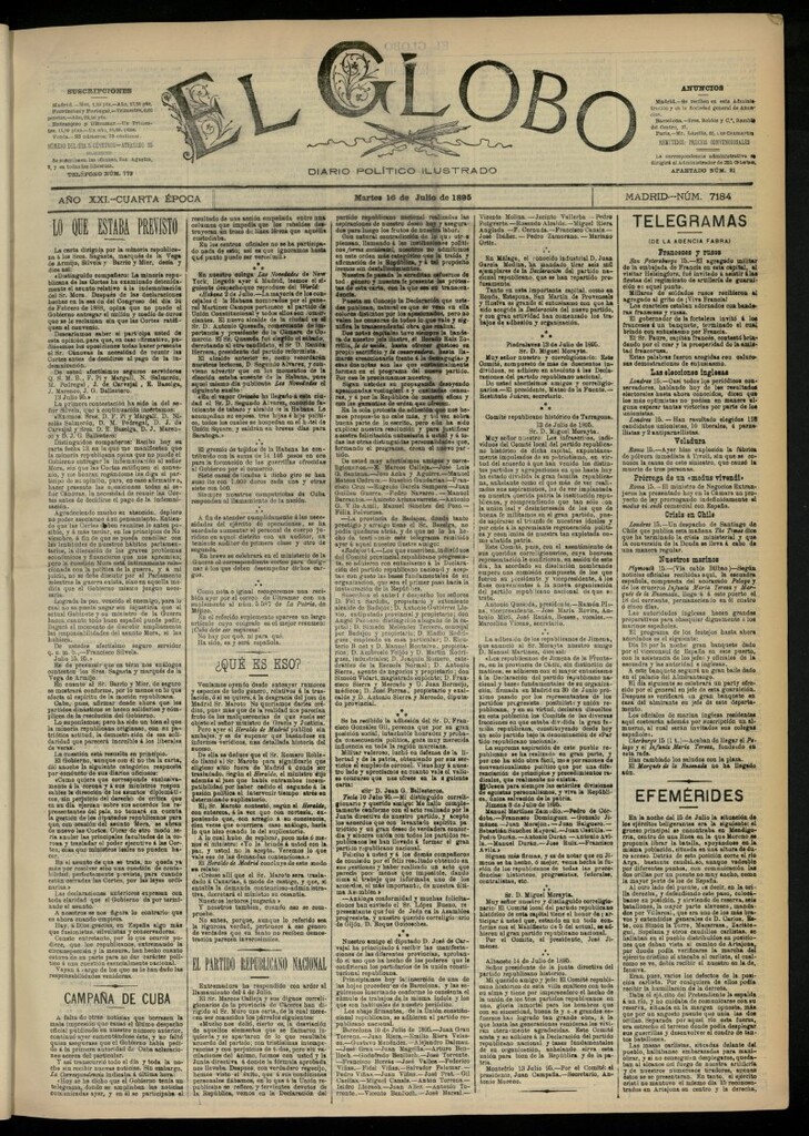 Miniatura de El Globo : diario ilustrado  del 16 de julio de 1895, nº 7184
