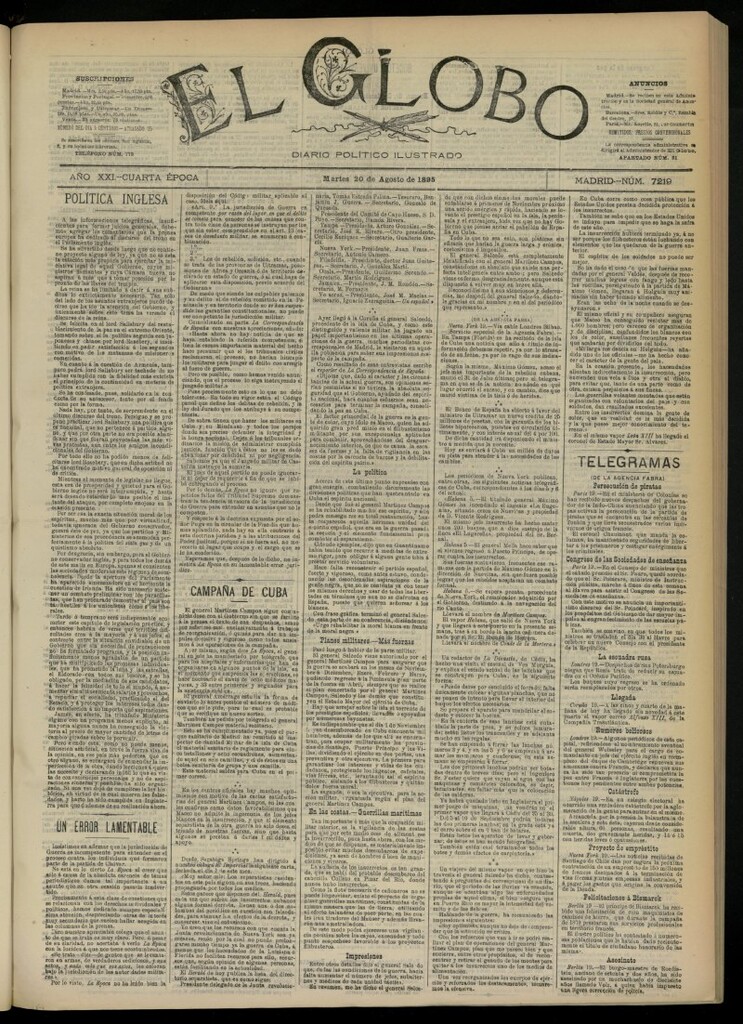Miniatura de El Globo : diario ilustrado  del 20 de agosto de 1895, nº 7219