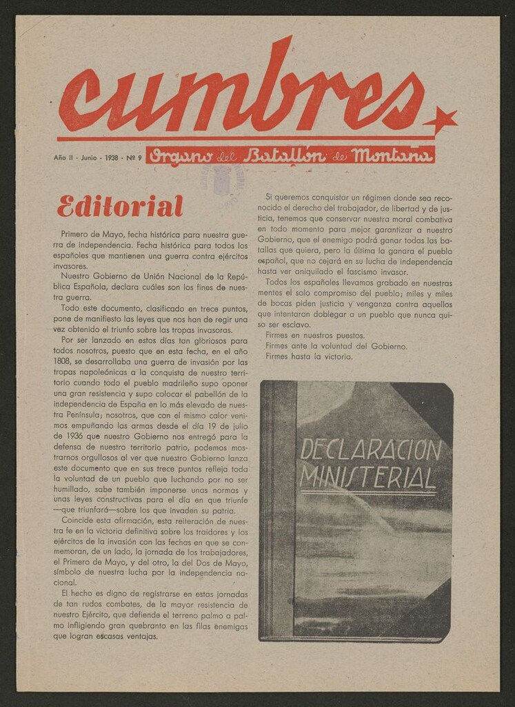 Miniatura de Cumbres: órgano del Batallón Alpino de junio de 1938