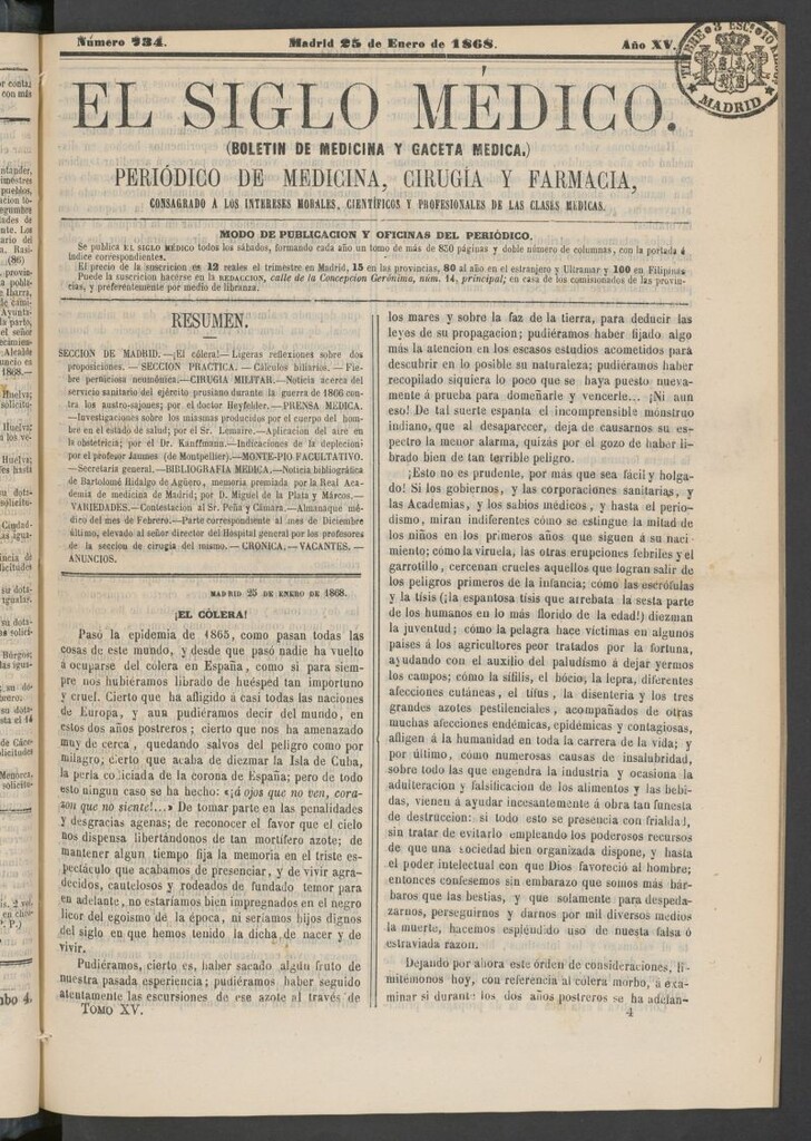 Miniatura de El Siglo Médico: boletín de medicina y gaceta médica del 25 de enero  de 1868