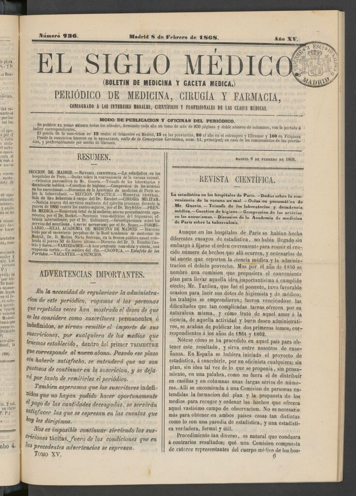 Miniatura de El Siglo Médico: boletín de medicina y gaceta médica del 8 de febrero de 1868