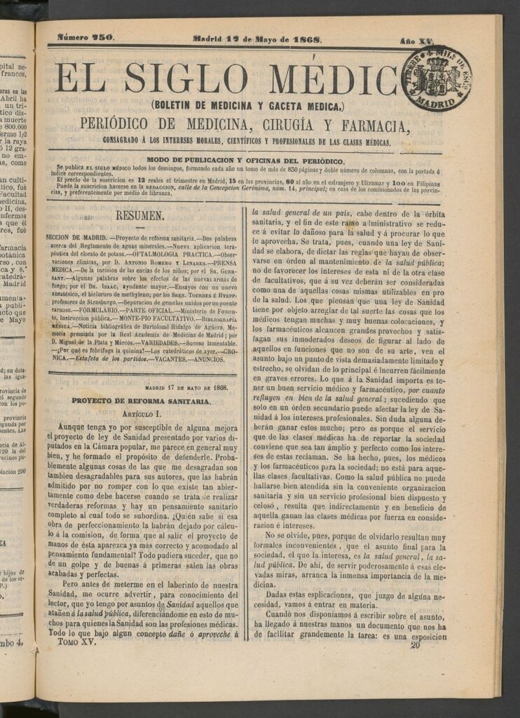Miniatura de El Siglo Médico: boletín de medicina y gaceta médica del 17 de mayo de 1868
