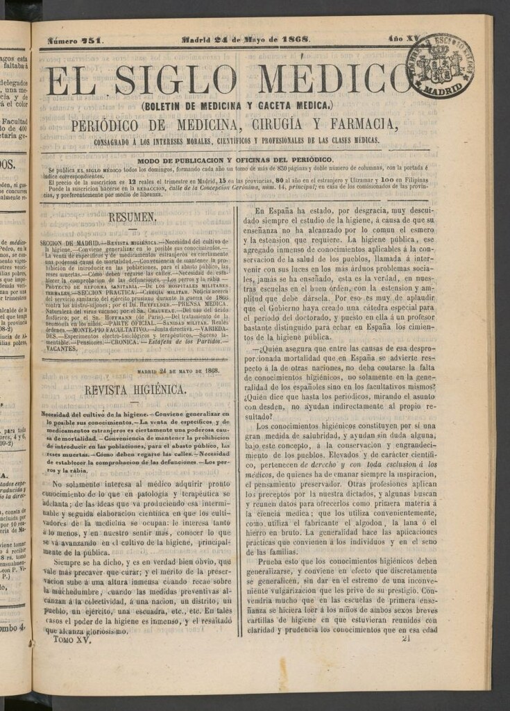 Miniatura de El Siglo Médico: boletín de medicina y gaceta médica del 24 de mayo de 1868