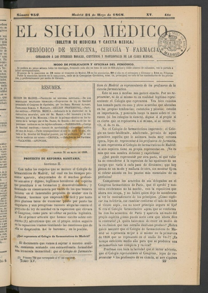Miniatura de El Siglo Médico: boletín de medicina y gaceta médica del 31 de mayo de 1868