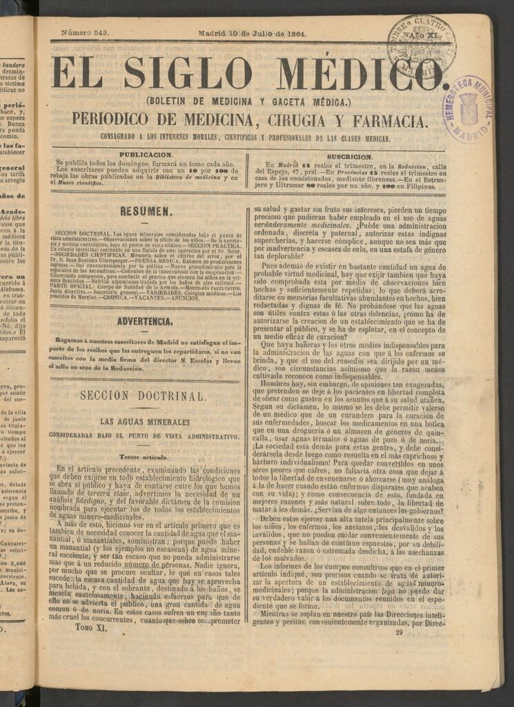 Miniatura de El Siglo Médico: boletín de medicina y gaceta médica del 10 de julio de 1864