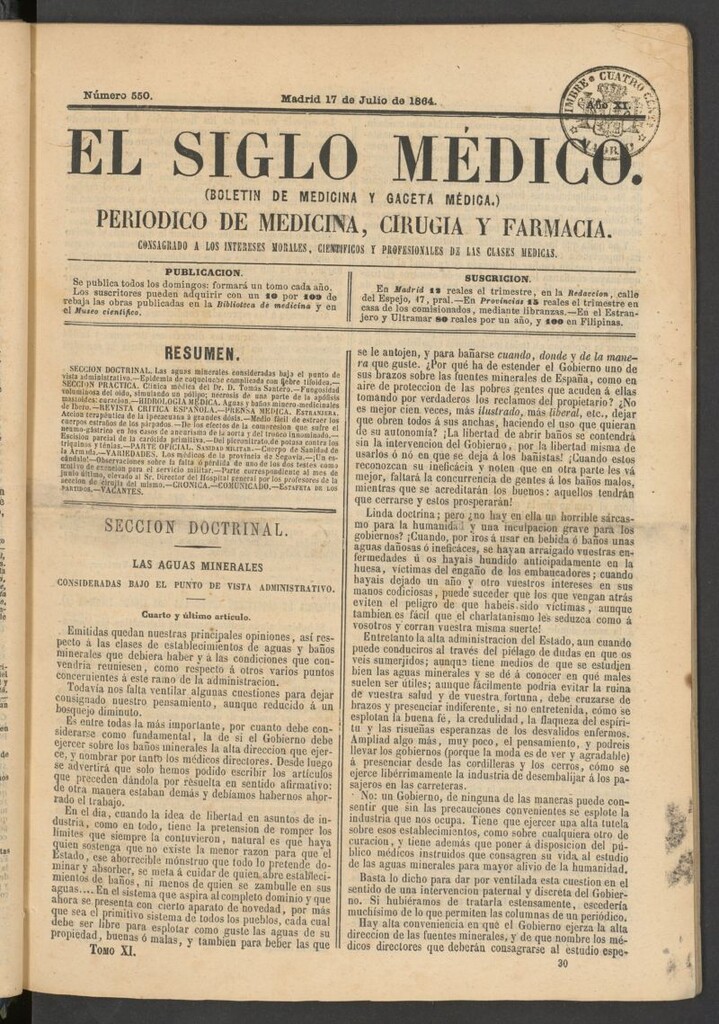Miniatura de El Siglo Médico: boletín de medicina y gaceta médica del 17 de julio de 1864