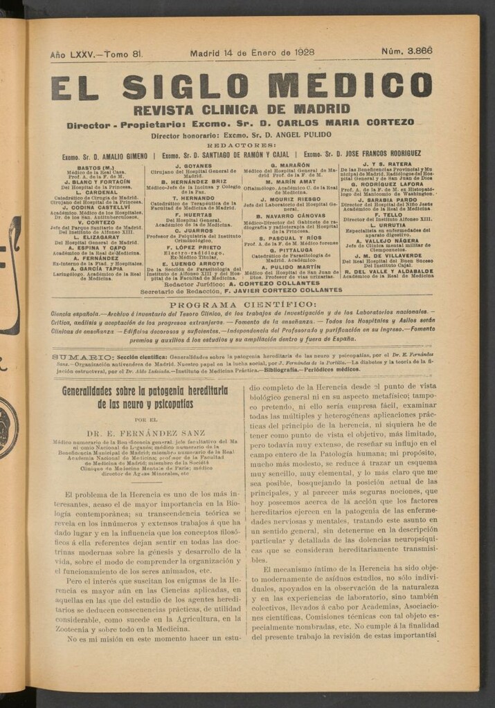 Miniatura de El Siglo Médico : boletín de medicina y gaceta médica del 14 de enero de 1928