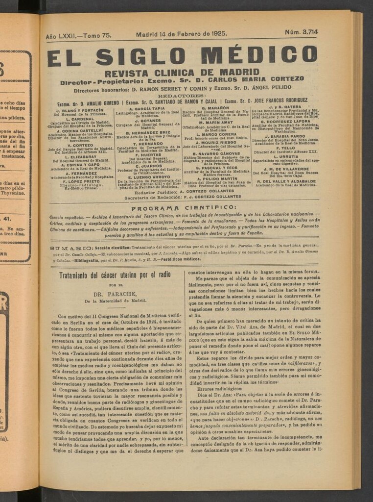 Miniatura de El Siglo Médico : boletín de medicina y gaceta médica del 14 de febrero de 1925