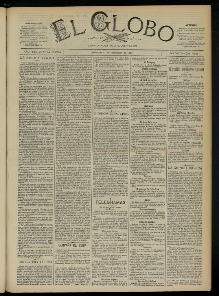 Miniatura de El Globo : diario ilustrado  del 11 de septiembre de 1895, nº 7241