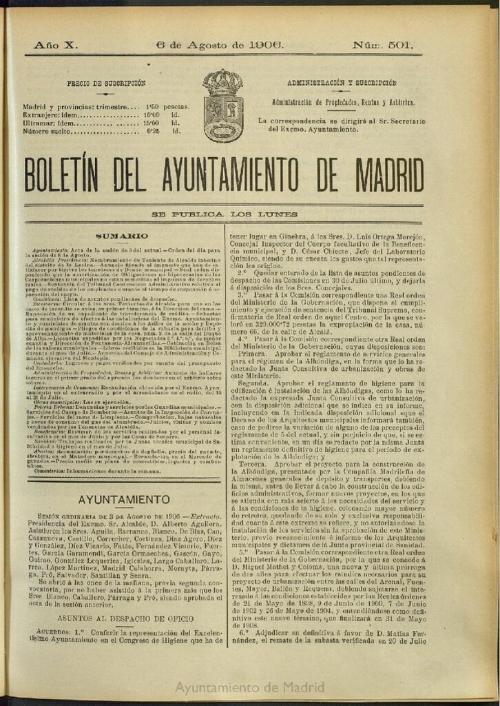Miniatura de Boletín Oficial del Ayuntamiento de Madrid del 6 de agosto de 1906, nº 501