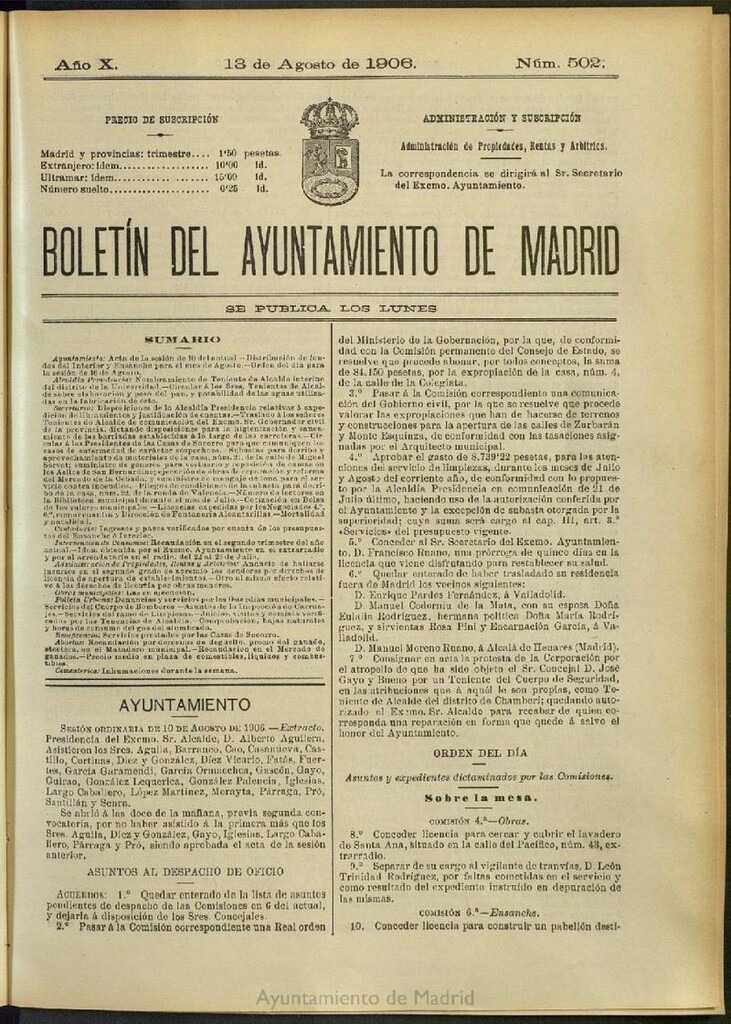 Miniatura de Boletín Oficial del Ayuntamiento de Madrid del 13 de agosto de 1906, nº 502