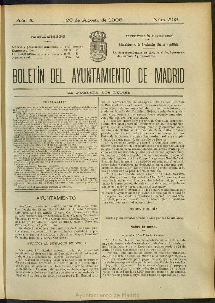 Miniatura de Boletín Oficial del Ayuntamiento de Madrid del 20 de agosto de 1906, nº 503