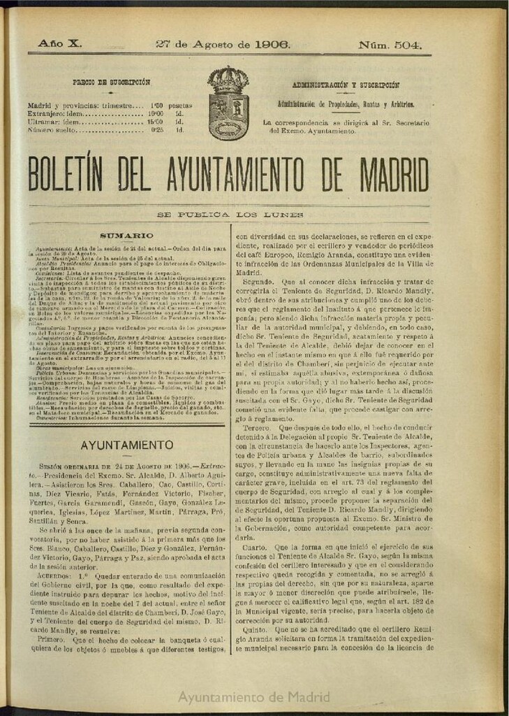 Miniatura de Boletín Oficial del Ayuntamiento de Madrid del 27 de agosto de 1906, nº 504