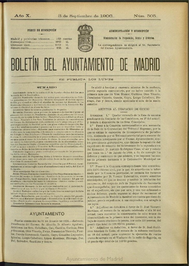 Miniatura de Boletín Oficial del Ayuntamiento de Madrid del 3 de septiembre de 1906, nº 505