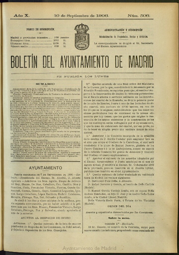 Miniatura de Boletín Oficial del Ayuntamiento de Madrid del 10 de septiembre de 1906, nº 506