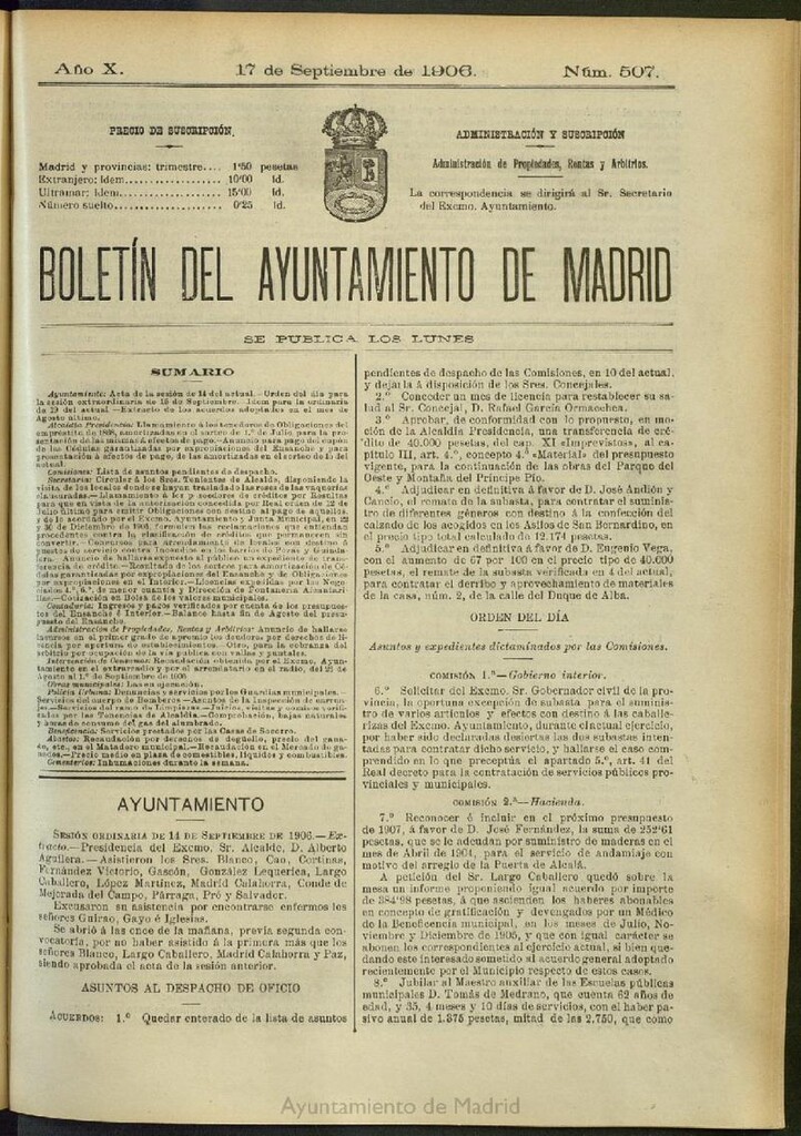 Miniatura de Boletín Oficial del Ayuntamiento de Madrid del 17 de septiembre de 1906, nº 507