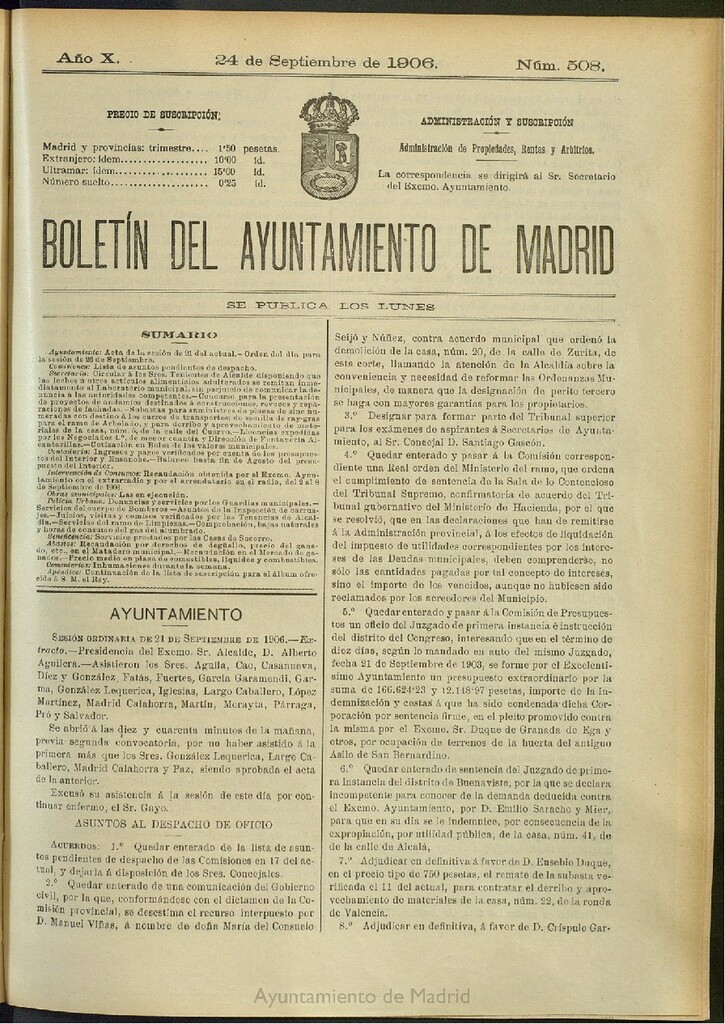 Miniatura de Boletín Oficial del Ayuntamiento de Madrid del 24 de septiembre de 1906, nº 508
