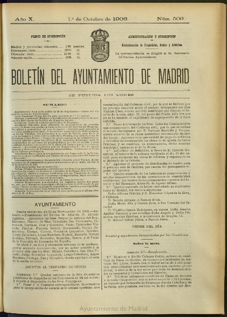 Miniatura de Boletín Oficial del Ayuntamiento de Madrid del 1 de octubre de 1906, nº 509