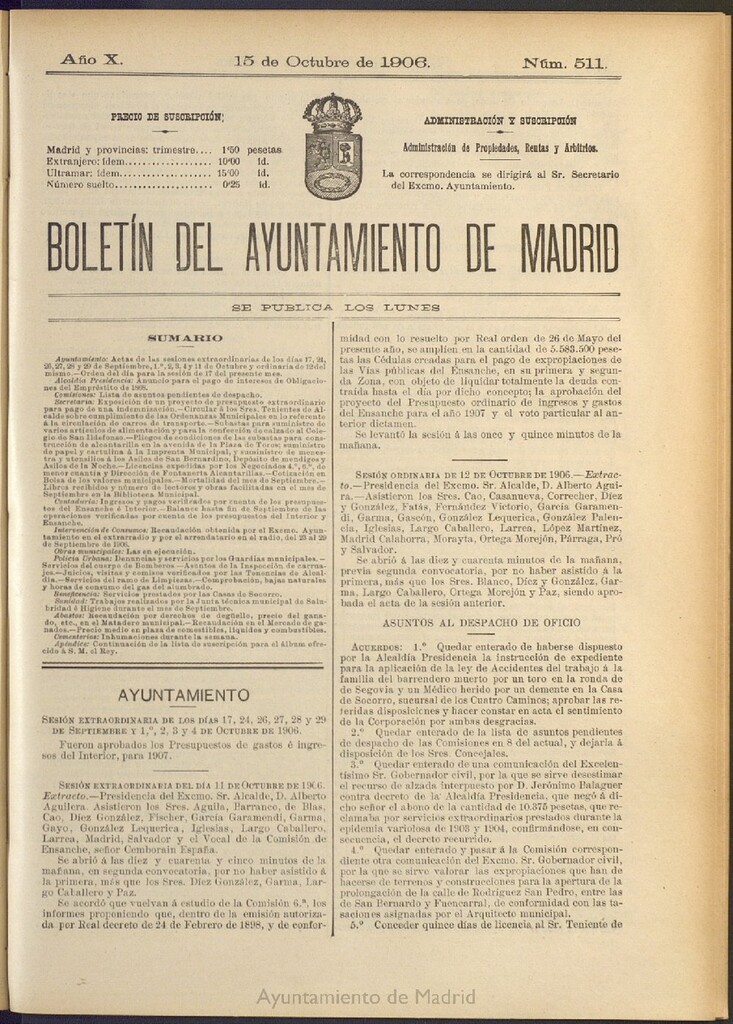 Miniatura de Boletín Oficial del Ayuntamiento de Madrid del 15 de octubre de 1906, nº 511