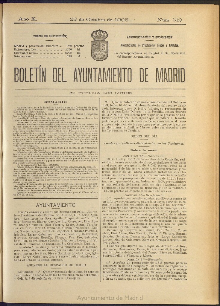 Miniatura de Boletín Oficial del Ayuntamiento de Madrid del 22 de octubre de 1906, nº 512