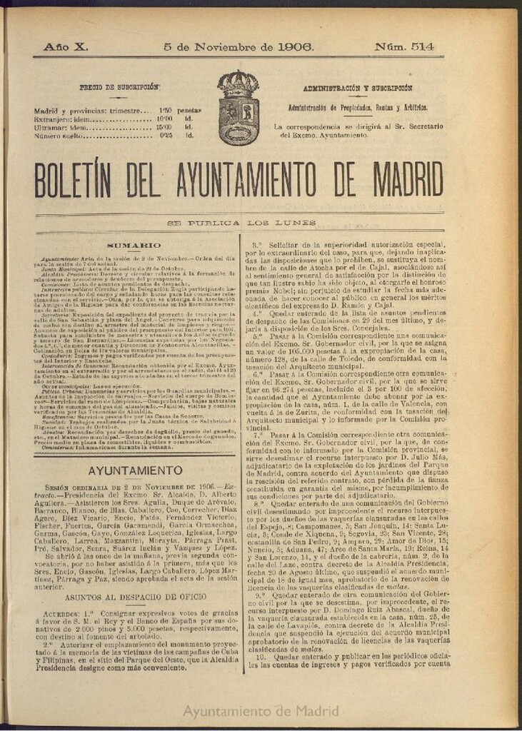 Miniatura de Boletín Oficial del Ayuntamiento de Madrid del 5 de noviembre de 1906, nº 514