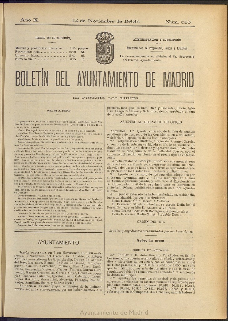 Miniatura de Boletín Oficial del Ayuntamiento de Madrid del 12 de noviembre de 1906, nº 515