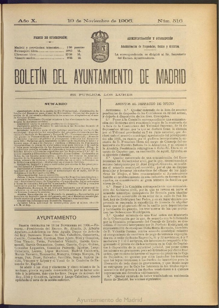 Miniatura de Boletín Oficial del Ayuntamiento de Madrid del 19 de noviembre de 1906, nº 516
