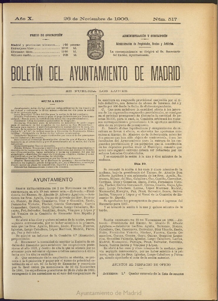 Miniatura de Boletín Oficial del Ayuntamiento de Madrid del 26 de noviembre de 1906, nº 517