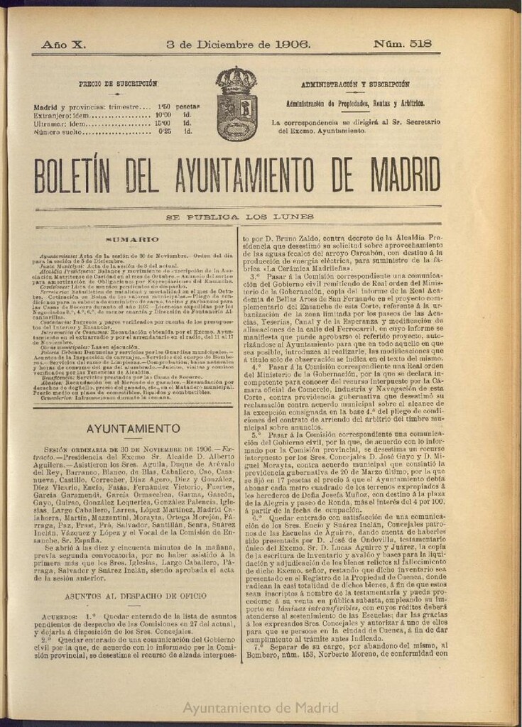 Miniatura de Boletín Oficial del Ayuntamiento de Madrid del 3 de diciembre de 1906, nº 518