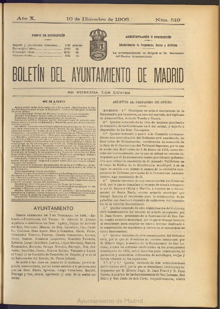 Miniatura de Boletín Oficial del Ayuntamiento de Madrid del 10 de diciembre de 1906, nº 519