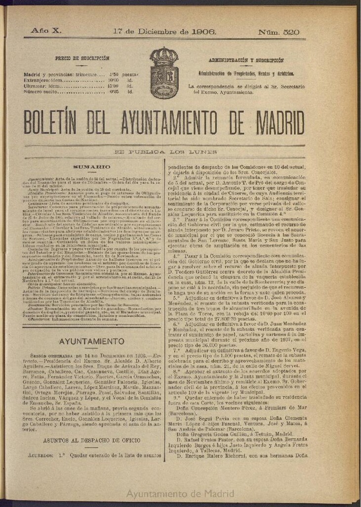 Miniatura de Boletín Oficial del Ayuntamiento de Madrid del 17 de diciembre de 1906, nº 520