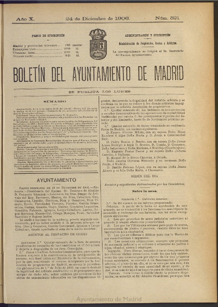 Miniatura de Boletín Oficial del Ayuntamiento de Madrid del 24 de diciembre de 1906, nº 521