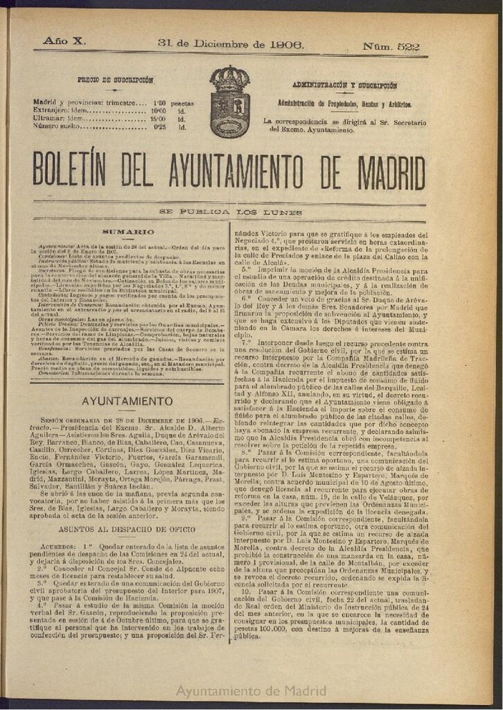 Miniatura de Boletín Oficial del Ayuntamiento de Madrid del 31 de diciembre de 1906, nº 522