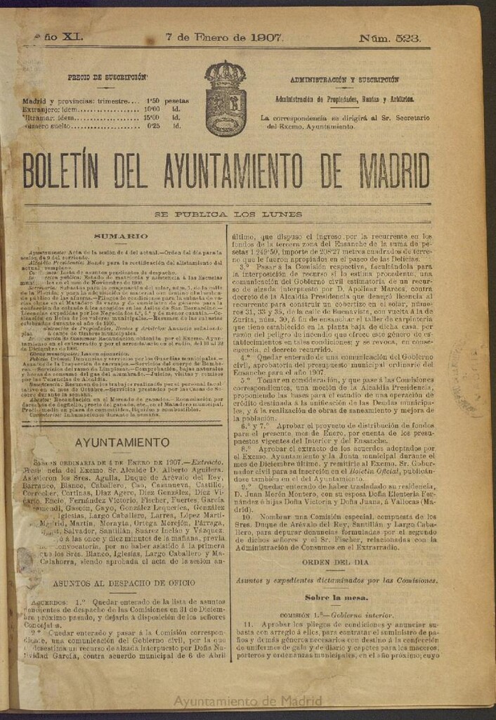 Miniatura de Boletín Oficial del Ayuntamiento de Madrid del 7 de enero de 1907, nº 523