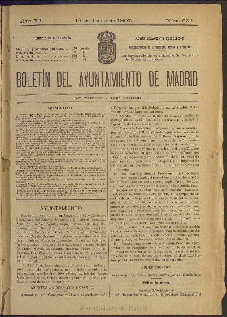 Miniatura de Boletín Oficial del Ayuntamiento de Madrid del 14 de enero de 1907, nº 524