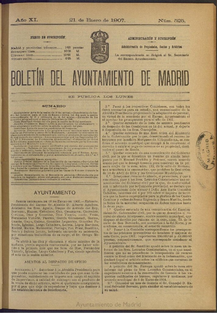 Miniatura de Boletín Oficial del Ayuntamiento de Madrid del 21 de enero de 1907, nº 525