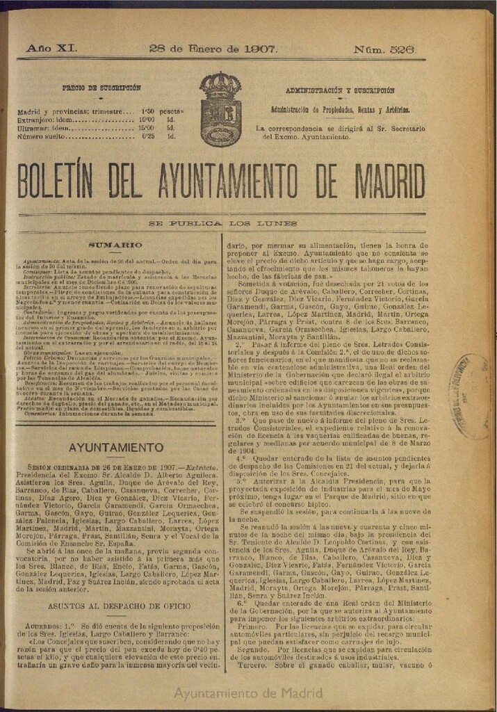 Miniatura de Boletín Oficial del Ayuntamiento de Madrid del 28 de enero de 1907, nº 526