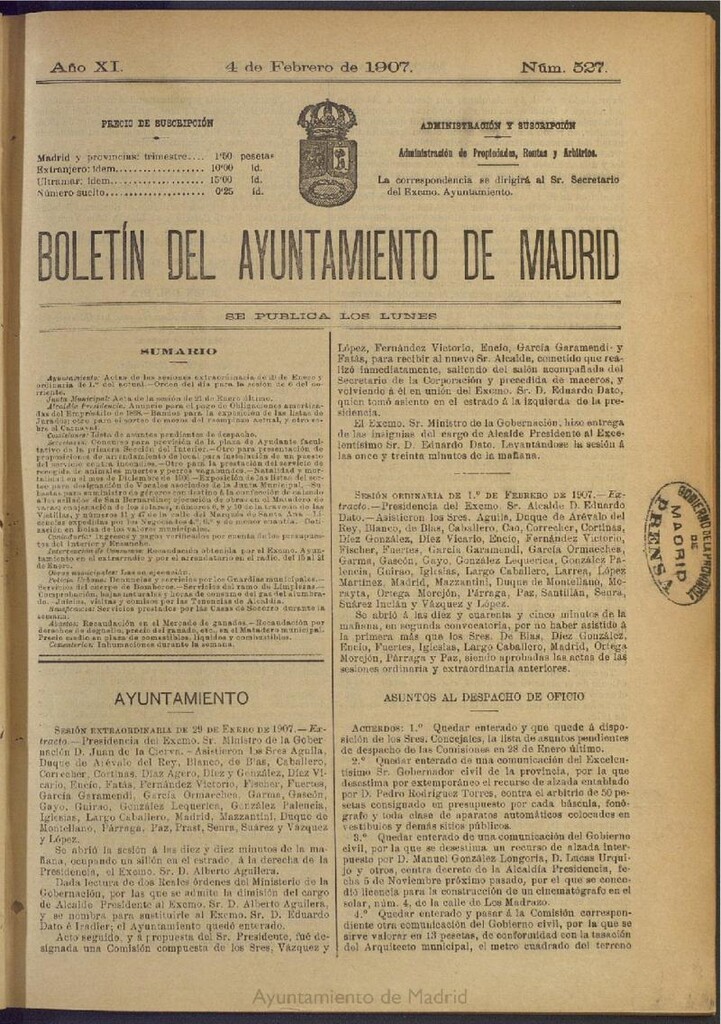 Miniatura de Boletín Oficial del Ayuntamiento de Madrid del 4 de febrero de 1907, nº 527